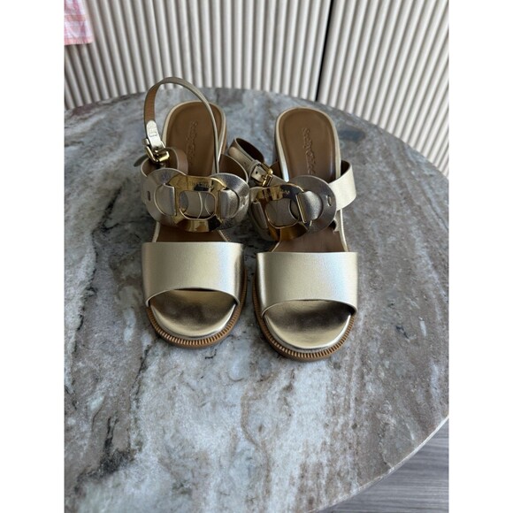 SEE BY CHLOE CHANY Gold LEATHER HEELED SANDALS 38.5 - Picture 4 of 10